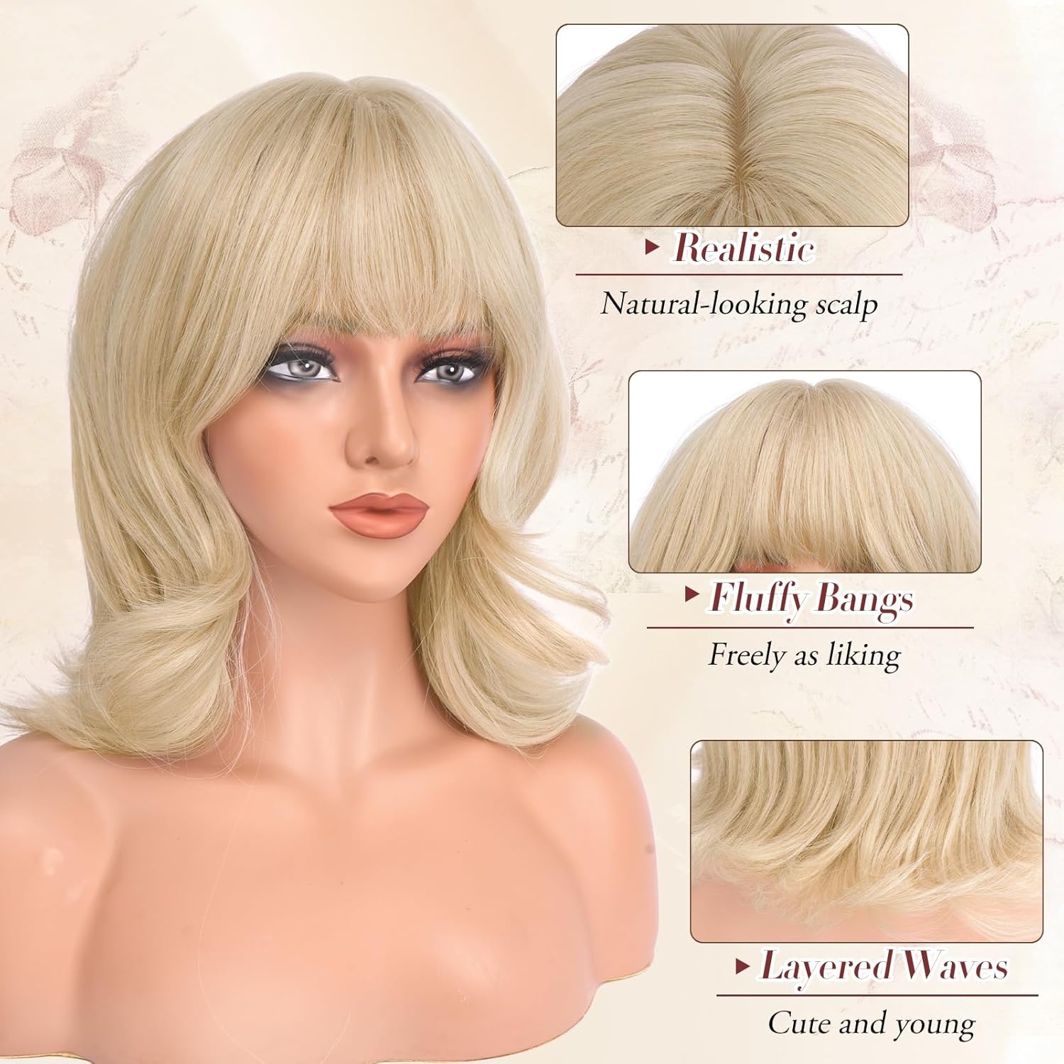 imageFESHFEN Shoulder Length Bob Wigs with Bangs for Women Auburn Natural Layered Wavy Synthetic Wig For Daily Party Costume Use 14 InchBleach Blonde