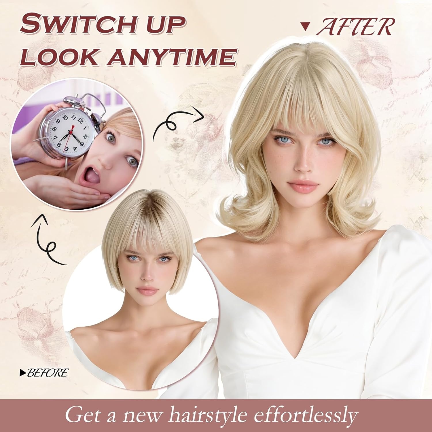 imageFESHFEN Shoulder Length Bob Wigs with Bangs for Women Auburn Natural Layered Wavy Synthetic Wig For Daily Party Costume Use 14 InchBleach Blonde