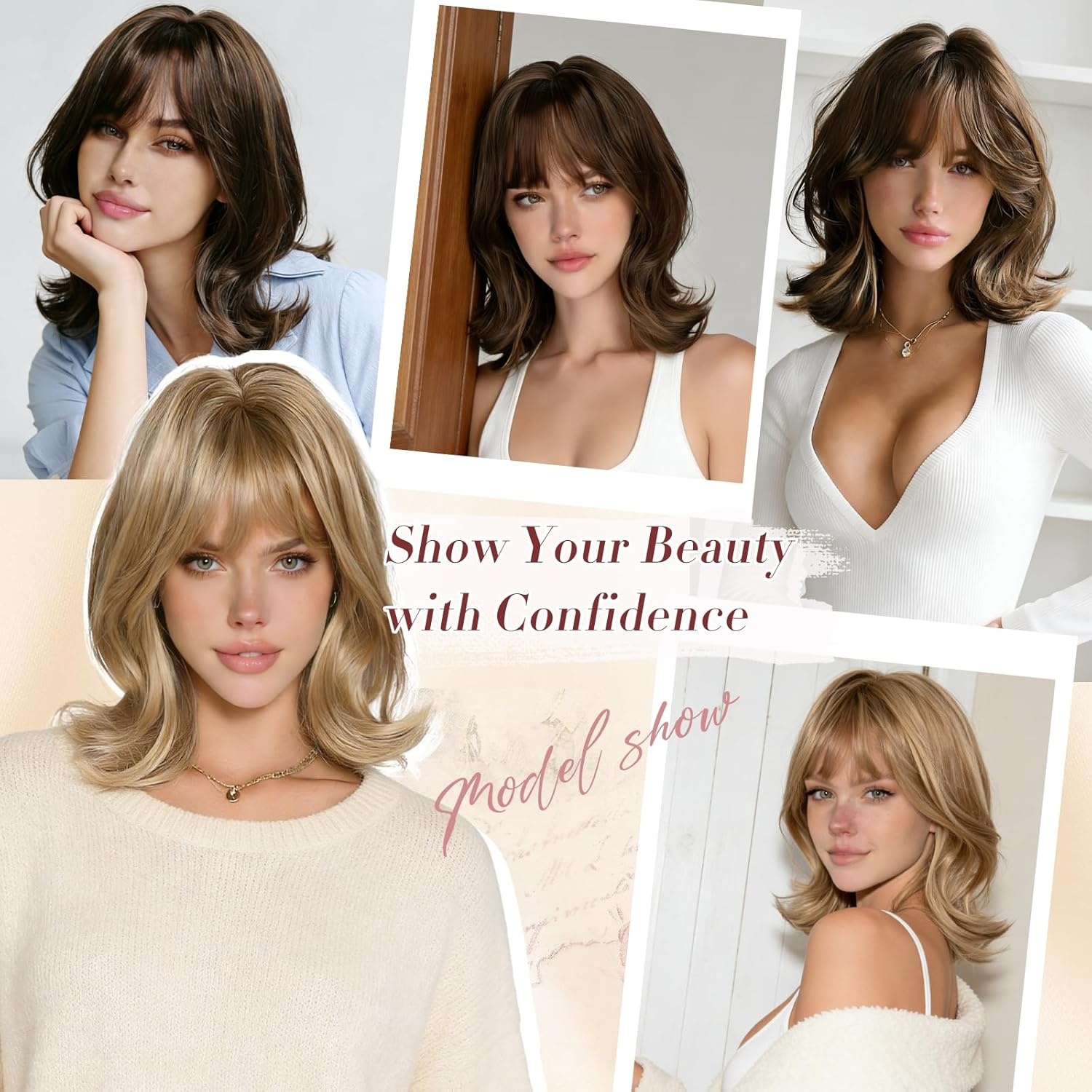 imageFESHFEN Shoulder Length Bob Wigs with Bangs for Women Auburn Natural Layered Wavy Synthetic Wig For Daily Party Costume Use 14 InchBleach Blonde