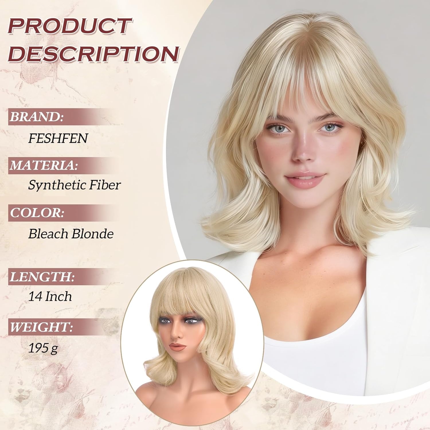 imageFESHFEN Shoulder Length Bob Wigs with Bangs for Women Auburn Natural Layered Wavy Synthetic Wig For Daily Party Costume Use 14 InchBleach Blonde
