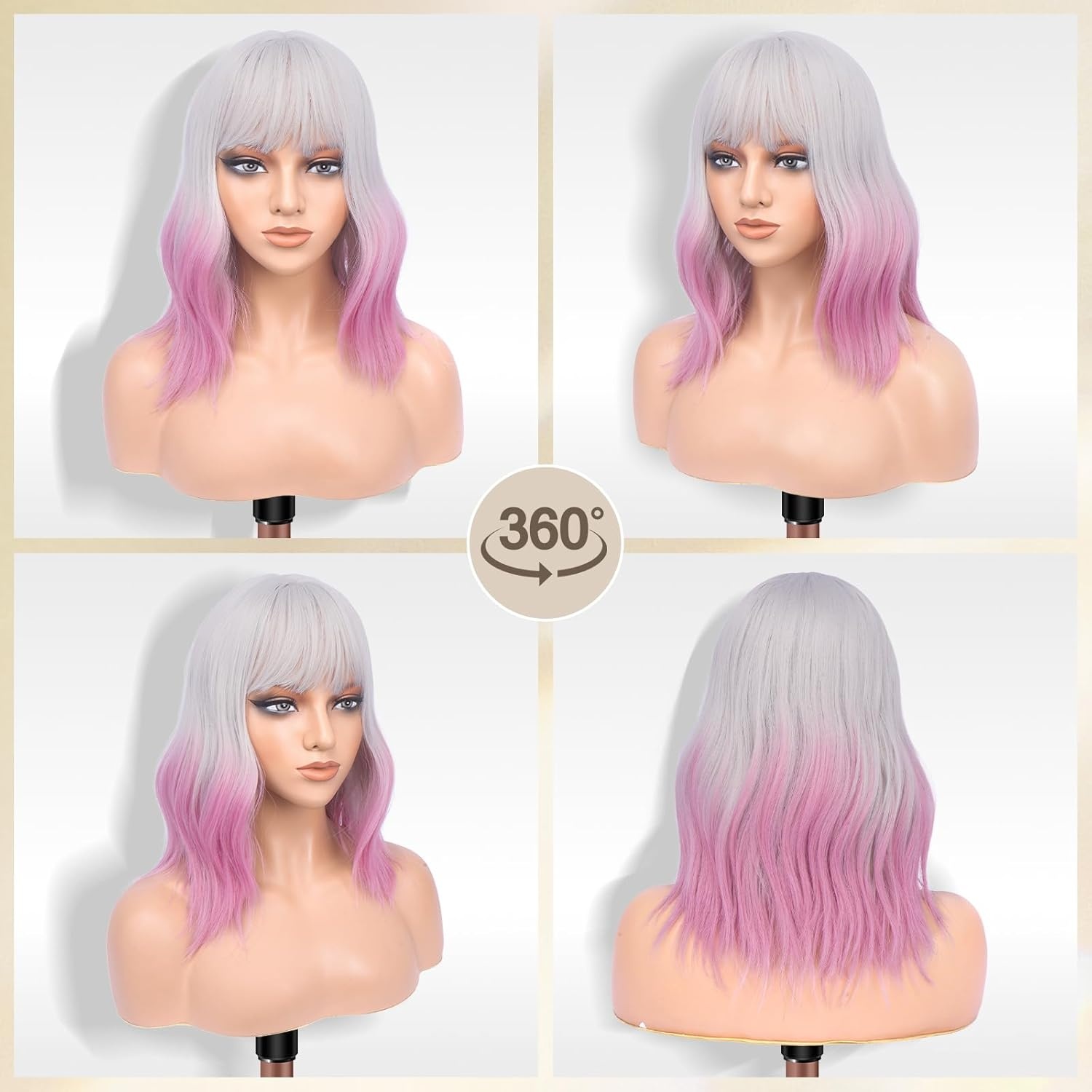 imageFESHFEN Shoulder Length Wigs with Bangs Natural Looking Wavy Medium Length Synthetic Hair Bob Wig for Women Daily Party Use 14 inch Copper RedOmbre Light Purple