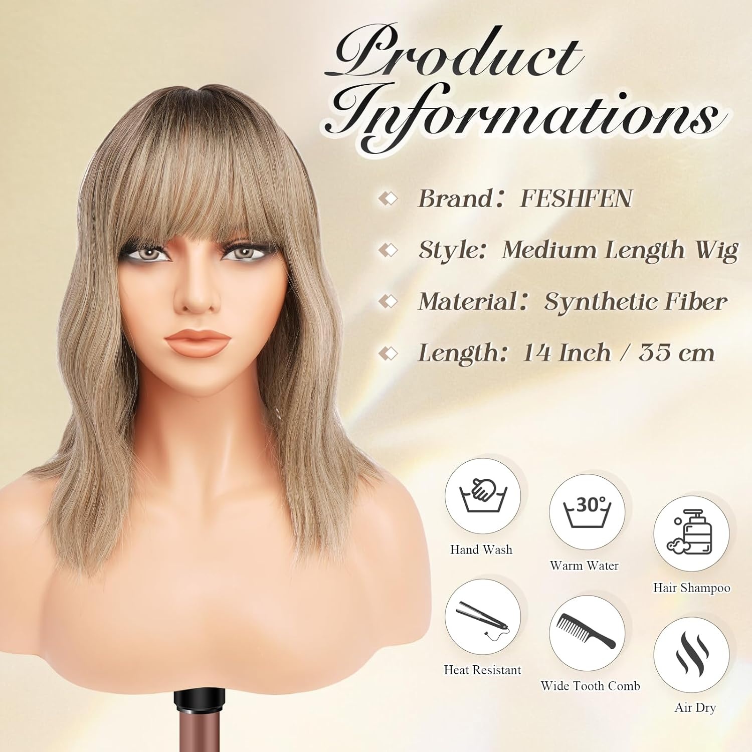 imageFESHFEN Shoulder Length Wigs with Bangs Natural Looking Wavy Medium Length Synthetic Hair Bob Wig for Women Daily Party Use 14 inch Copper RedOmbre Mixed Blonde