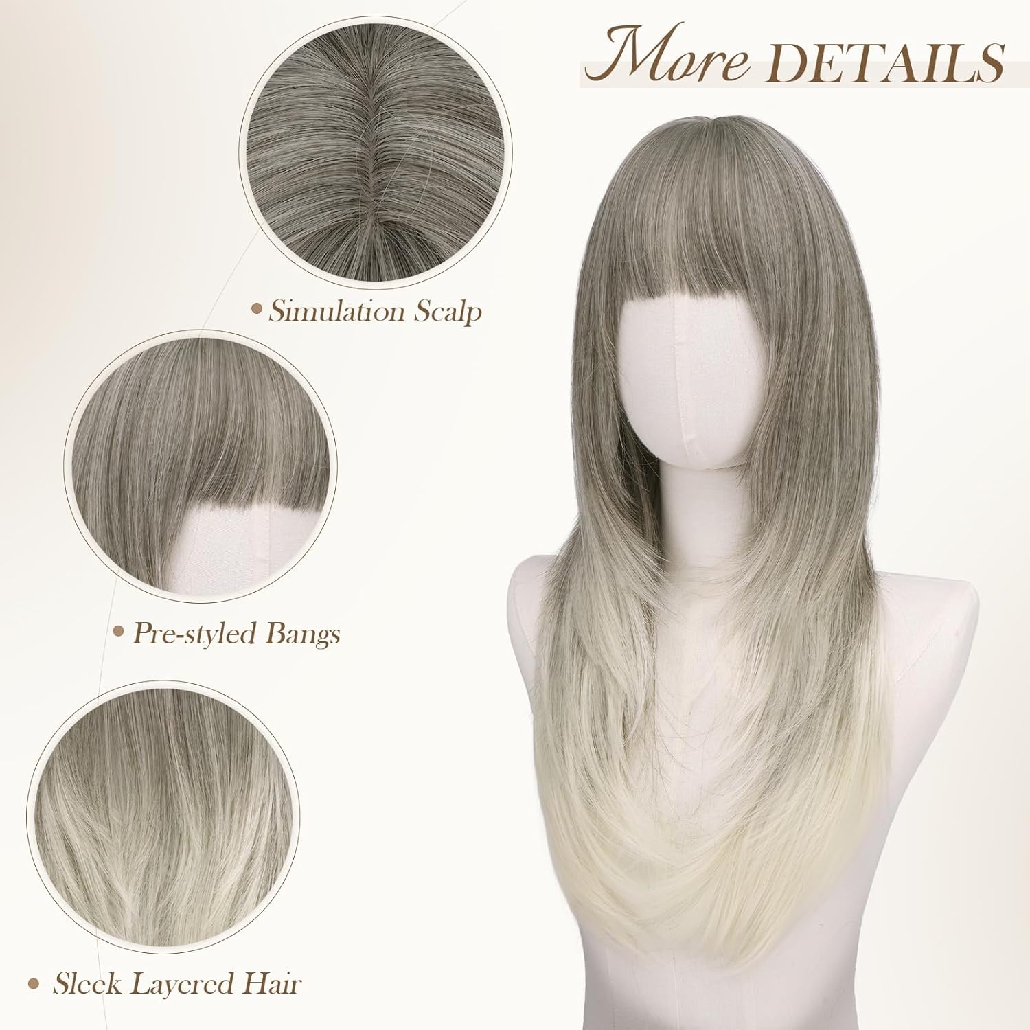 imageFESHFEN Straight Sleek Layered Wigs with Bangs for Women Natural Synthetic Long Hair Wig for Daily Party Use 24 inchAsh Blonde