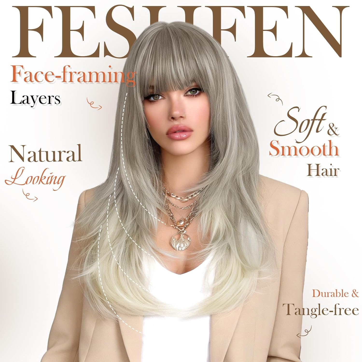 imageFESHFEN Straight Sleek Layered Wigs with Bangs for Women Natural Synthetic Long Hair Wig for Daily Party Use 24 inchAsh Blonde