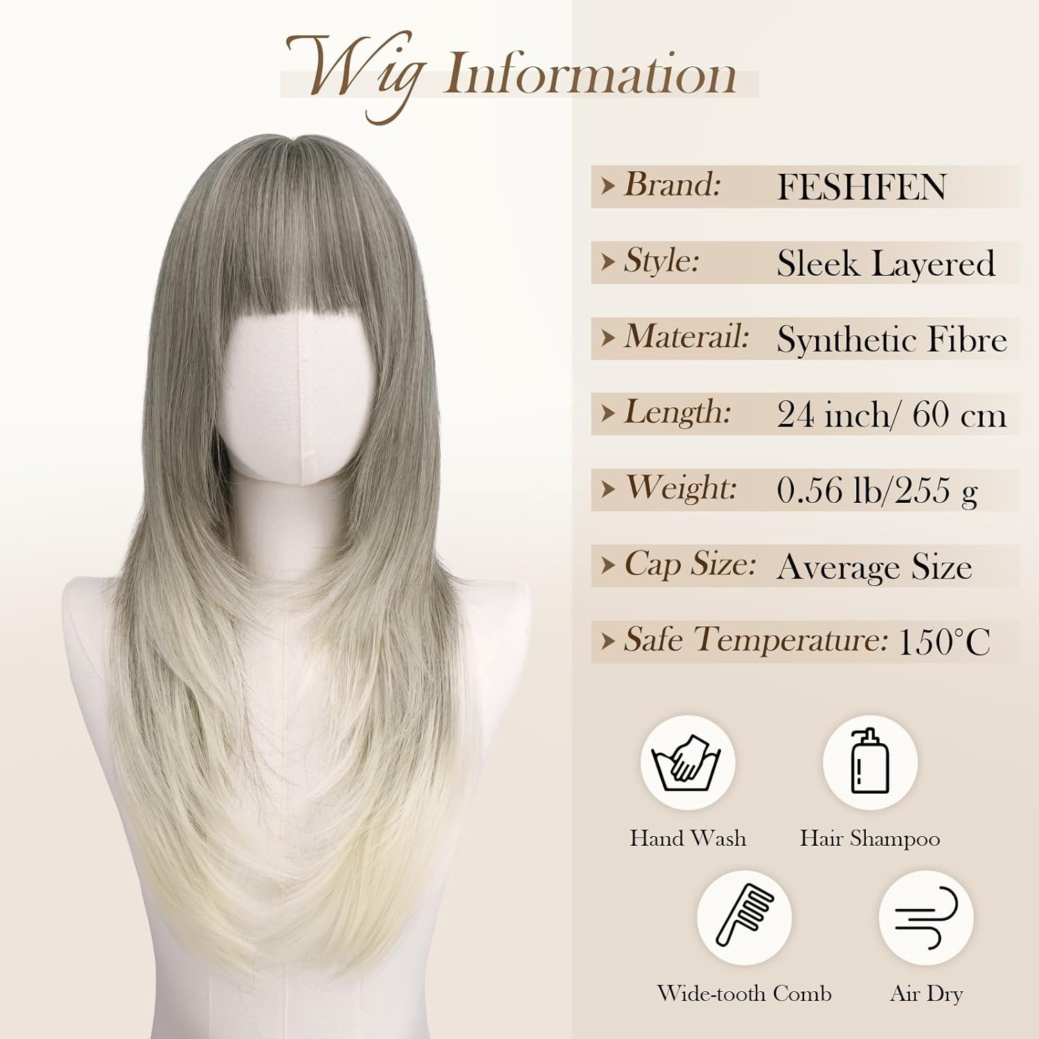 imageFESHFEN Straight Sleek Layered Wigs with Bangs for Women Natural Synthetic Long Hair Wig for Daily Party Use 24 inchAsh Blonde