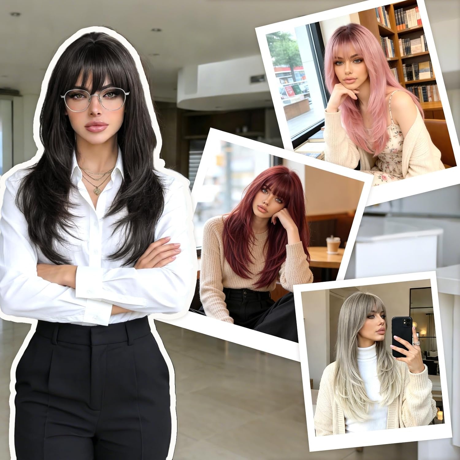 imageFESHFEN Straight Sleek Layered Wigs with Bangs for Women Natural Synthetic Long Hair Wig for Daily Party Use 24 inchAsh Blonde