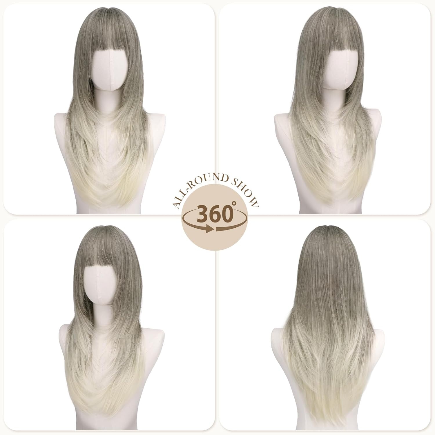 imageFESHFEN Straight Sleek Layered Wigs with Bangs for Women Natural Synthetic Long Hair Wig for Daily Party Use 24 inchAsh Blonde