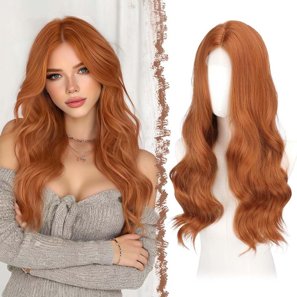 imageFESHFEN Long Wigs for Women 24 inch Ombre Pink Lace Front Hairline Middle Parting Synthetic Wavy Wig for Daily PartyAuburn Red