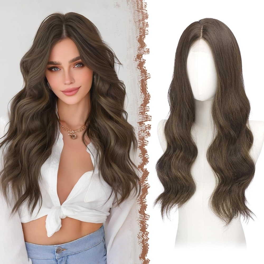 imageFESHFEN Long Wigs for Women 24 inch Ombre Pink Lace Front Hairline Middle Parting Synthetic Wavy Wig for Daily PartyBrown with Highlights
