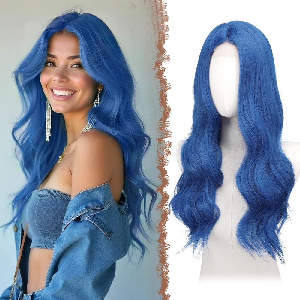 imageFESHFEN Long Wigs for Women 24 inch Ombre Pink Lace Front Hairline Middle Parting Synthetic Wavy Wig for Daily PartyDark Blue