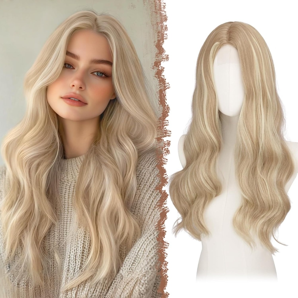 imageFESHFEN Long Wigs for Women 24 inch Ombre Pink Lace Front Hairline Middle Parting Synthetic Wavy Wig for Daily PartyDirty Blonde
