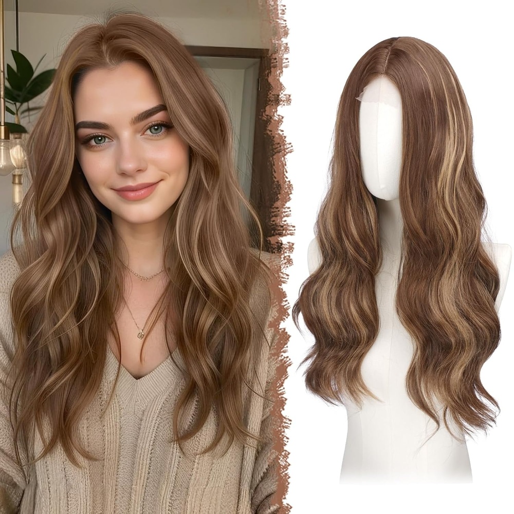 imageFESHFEN Long Wigs for Women 24 inch Ombre Pink Lace Front Hairline Middle Parting Synthetic Wavy Wig for Daily PartyHoney Blonde Mixed Light Brown