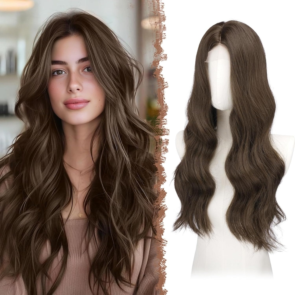 imageFESHFEN Long Wigs for Women 24 inch Ombre Pink Lace Front Hairline Middle Parting Synthetic Wavy Wig for Daily PartyMedium Brown