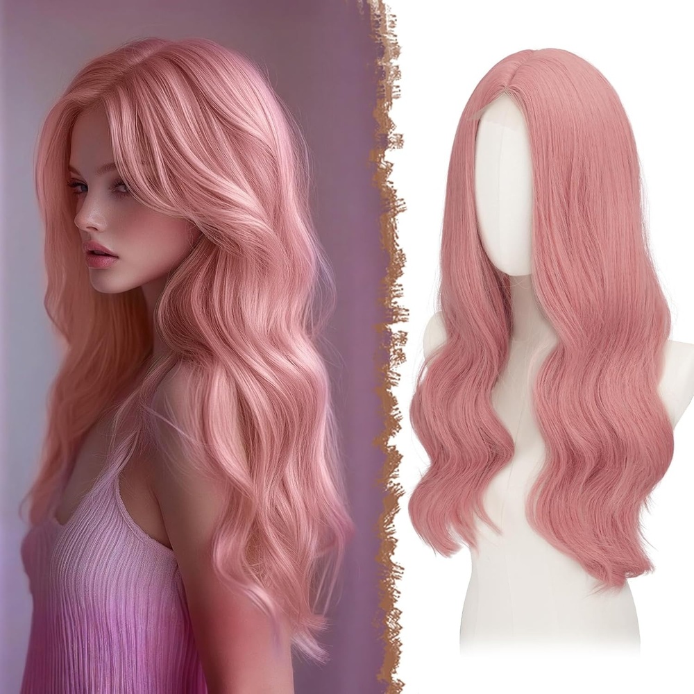 imageFESHFEN Long Wigs for Women 24 inch Ombre Pink Lace Front Hairline Middle Parting Synthetic Wavy Wig for Daily PartyPink