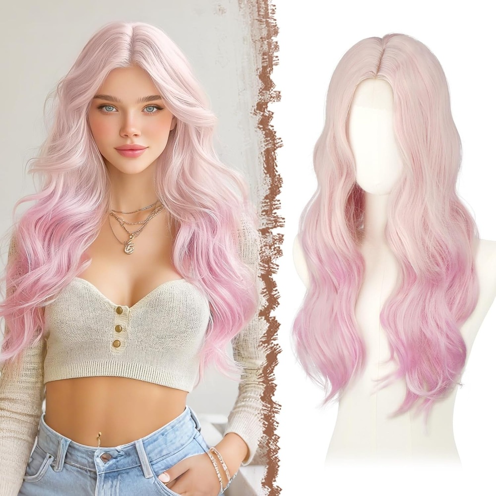 imageFESHFEN Long Wigs for Women 24 inch Ombre Pink Lace Front Hairline Middle Parting Synthetic Wavy Wig for Daily PartyPurple Pink