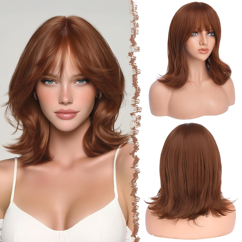 imageFESHFEN Shoulder Length Bob Wigs with Bangs for Women  Auburn Natural Layered Wavy Synthetic Wig For Daily Party Costume Use 14 InchAuburn