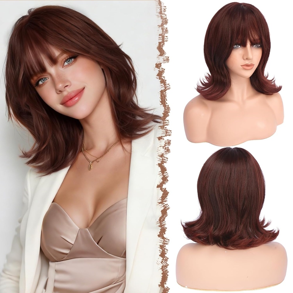 imageFESHFEN Shoulder Length Bob Wigs with Bangs for Women  Auburn Natural Layered Wavy Synthetic Wig For Daily Party Costume Use 14 InchCopper Red