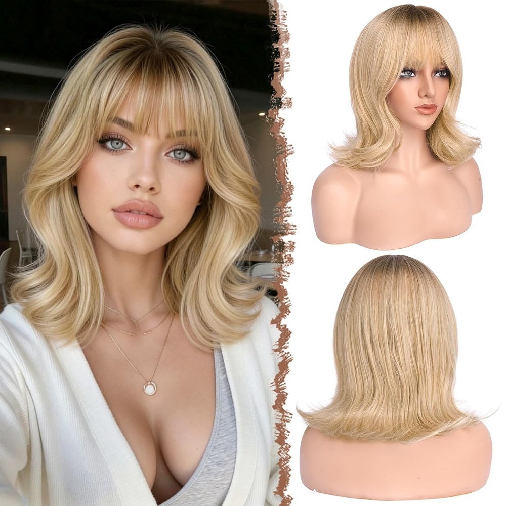 imageFESHFEN Shoulder Length Bob Wigs with Bangs for Women  Auburn Natural Layered Wavy Synthetic Wig For Daily Party Costume Use 14 InchOmbre Blonde