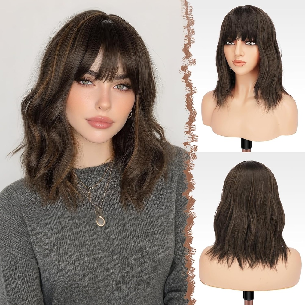 imageFESHFEN Shoulder Length Wigs with Bangs  Natural Looking Wavy Medium Length Synthetic Hair Bob Wig for Women Daily Party Use 14 inch Copper RedBrown with Highlights