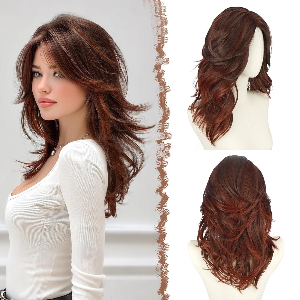 imageFESHFEN Wavy Layered Wig with Curtain Bangs for Women 20 Inch Dirty Blonde Long Synthetic Natural Looking Middle Part Hair Wig For Costume Party Daily UseCopper Red