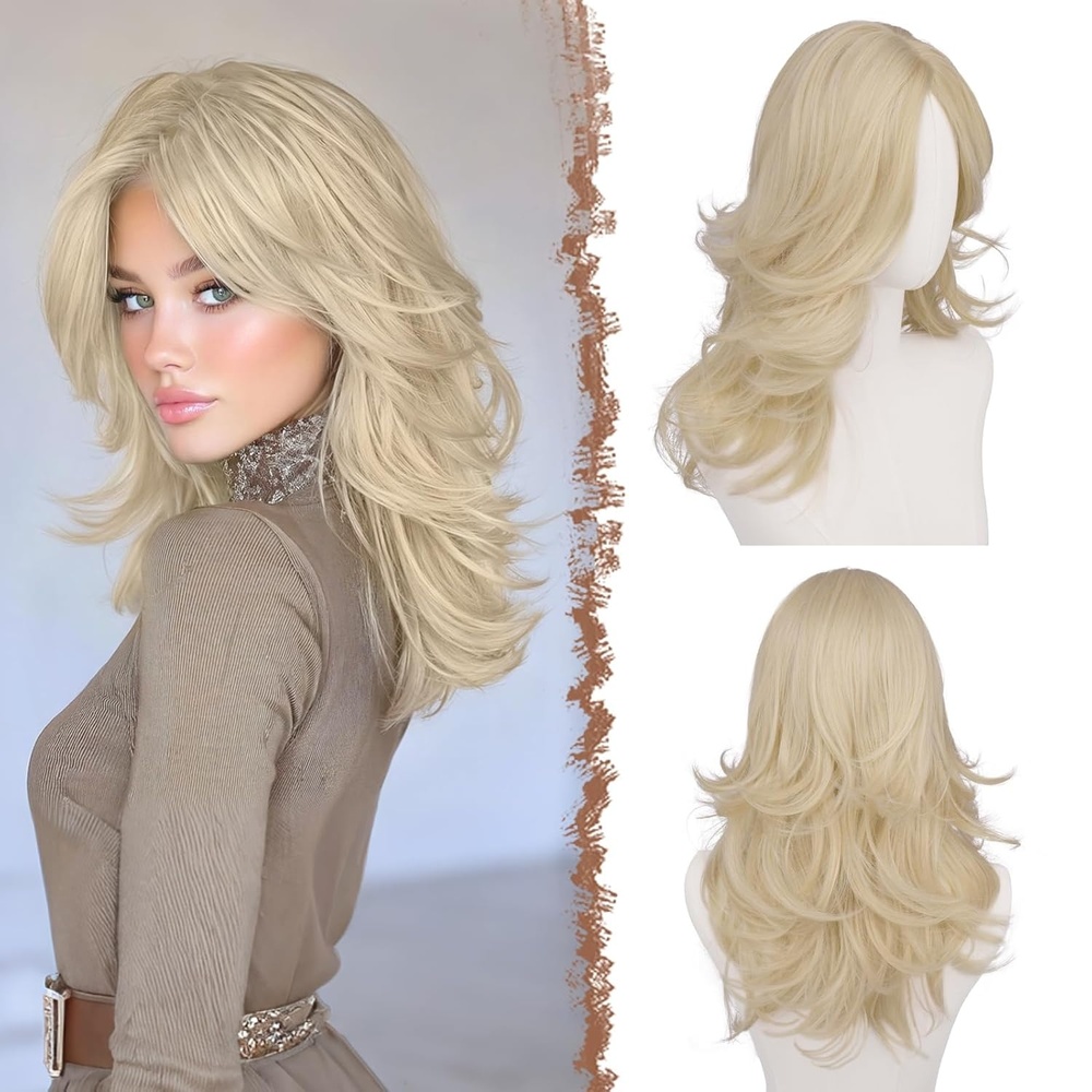 imageFESHFEN Wavy Layered Wig with Curtain Bangs for Women 20 Inch Dirty Blonde Long Synthetic Natural Looking Middle Part Hair Wig For Costume Party Daily Use2460 Light Blonde