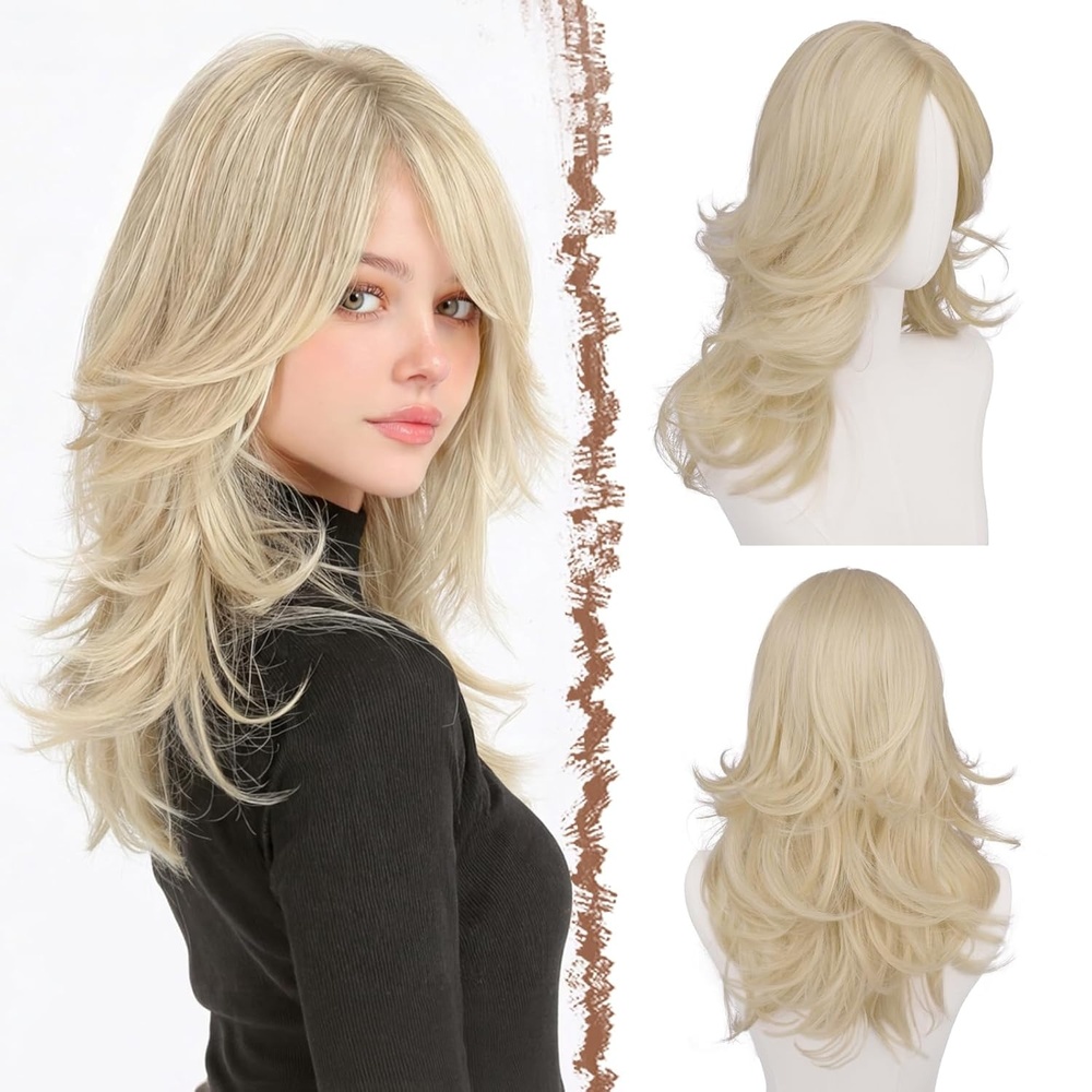 imageFESHFEN Wavy Layered Wig with Curtain Bangs for Women 20 Inch Dirty Blonde Long Synthetic Natural Looking Middle Part Hair Wig For Costume Party Daily UseLight Blonde