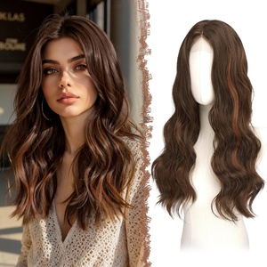 FESHFEN Long Wigs for Women, 24 inch Ombre Pink Lace Front Hairline Middle Parting Synthetic Wavy Wig for Daily Party(Brown Mixed Auburn)
