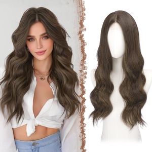 FESHFEN Long Wigs for Women, 24 inch Ombre Pink Lace Front Hairline Middle Parting Synthetic Wavy Wig for Daily Party(Brown with Highlights)