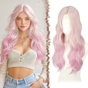 FESHFEN Long Wigs for Women, 24 inch Ombre Pink Lace Front Hairline Middle Parting Synthetic Wavy Wig for Daily Party(Purple Pink)