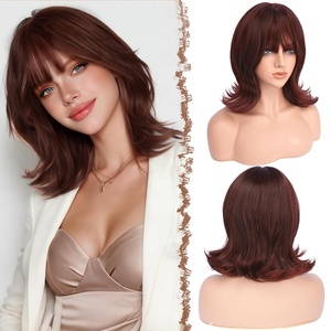 FESHFEN Shoulder Length Bob Wigs with Bangs for Women – Auburn Natural Layered Wavy Synthetic Wig For Daily Party Costume Use 14 Inch(Copper Red)