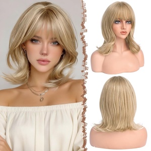 FESHFEN Shoulder Length Bob Wigs with Bangs for Women – Auburn Natural Layered Wavy Synthetic Wig For Daily Party Costume Use 14 Inch(Dirty Blonde)