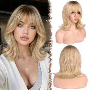 FESHFEN Shoulder Length Bob Wigs with Bangs for Women – Auburn Natural Layered Wavy Synthetic Wig For Daily Party Costume Use 14 Inch(Ombre Blonde)