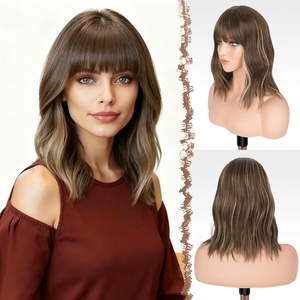 FESHFEN Shoulder Length Wigs with Bangs – Natural Looking Wavy Medium Length Synthetic Hair Bob Wig for Women Daily Party Use, 14 inch Copper Red(Brown Mixed Blonde)