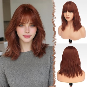 FESHFEN Shoulder Length Wigs with Bangs – Natural Looking Wavy Medium Length Synthetic Hair Bob Wig for Women Daily Party Use, 14 inch Copper Red(Copper Red)