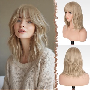 FESHFEN Shoulder Length Wigs with Bangs – Natural Looking Wavy Medium Length Synthetic Hair Bob Wig for Women Daily Party Use, 14 inch Copper Red(Dirty Blonde)