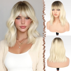 FESHFEN Shoulder Length Wigs with Bangs – Natural Looking Wavy Medium Length Synthetic Hair Bob Wig for Women Daily Party Use, 14 inch Copper Red(Ombre Bleach Blonde)