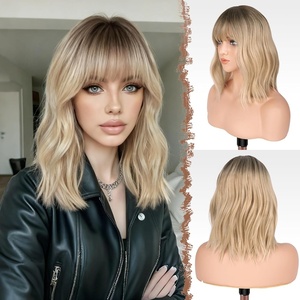 FESHFEN Shoulder Length Wigs with Bangs – Natural Looking Wavy Medium Length Synthetic Hair Bob Wig for Women Daily Party Use, 14 inch Copper Red(Ombre Blonde)