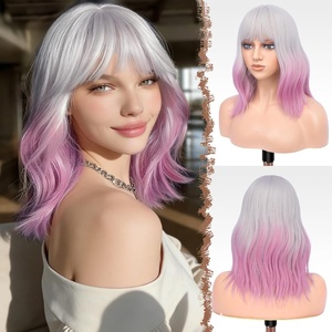 FESHFEN Shoulder Length Wigs with Bangs – Natural Looking Wavy Medium Length Synthetic Hair Bob Wig for Women Daily Party Use, 14 inch Copper Red(Ombre Light Purple)