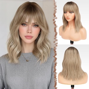 FESHFEN Shoulder Length Wigs with Bangs – Natural Looking Wavy Medium Length Synthetic Hair Bob Wig for Women Daily Party Use, 14 inch Copper Red(Ombre Mixed Blonde)