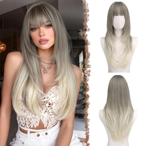 FESHFEN Straight Sleek Layered Wigs with Bangs for Women – Natural Synthetic Long Hair Wig for Daily Party Use 24 inch(Ash Blonde)