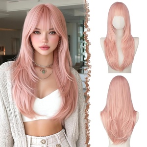 FESHFEN Straight Sleek Layered Wigs with Bangs for Women – Natural Synthetic Long Hair Wig for Daily Party Use 24 inch(Pink Blonde)