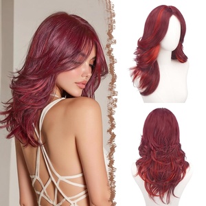 FESHFEN Wavy Layered Wig with Curtain Bangs for Women, 20 Inch Dirty Blonde Long Synthetic Natural Looking Middle Part Hair Wig For Costume Party Daily Use(Mixed Red)
