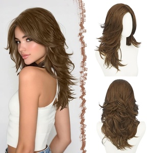 FESHFEN Wavy Layered Wig with Curtain Bangs for Women, 20 Inch Dirty Blonde Long Synthetic Natural Looking Middle Part Hair Wig For Costume Party Daily Use(Golden Brown)