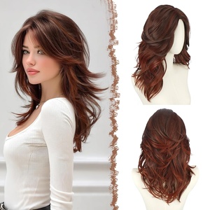 FESHFEN Wavy Layered Wig with Curtain Bangs for Women, 20 Inch Dirty Blonde Long Synthetic Natural Looking Middle Part Hair Wig For Costume Party Daily Use(Copper Red)