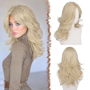 FESHFEN Wavy Layered Wig with Curtain Bangs for Women, 20 Inch Dirty Blonde Long Synthetic Natural Looking Middle Part Hair Wig For Costume Party Daily Use(24.60# Light Blonde)