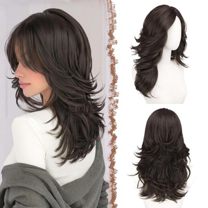 FESHFEN Wavy Layered Wig with Curtain Bangs for Women, 20 Inch Dirty Blonde Long Synthetic Natural Looking Middle Part Hair Wig For Costume Party Daily Use(Dark Brown)