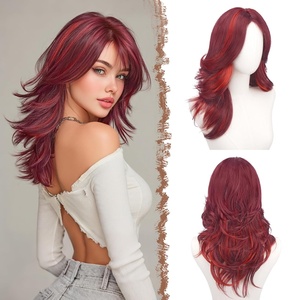 FESHFEN Wavy Layered Wig with Curtain Bangs for Women, 20 Inch Dirty Blonde Long Synthetic Natural Looking Middle Part Hair Wig For Costume Party Daily Use(118.Red# Mixed Red)