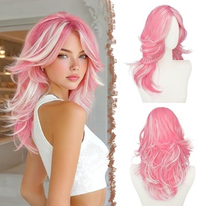 FESHFEN Wavy Layered Wig with Curtain Bangs for Women, 20 Inch Dirty Blonde Long Synthetic Natural Looking Middle Part Hair Wig For Costume Party Daily Use(Pink White)