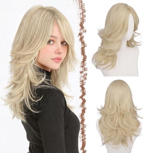 FESHFEN Wavy Layered Wig with Curtain Bangs for Women, 20 Inch Dirty Blonde Long Synthetic Natural Looking Middle Part Hair Wig For Costume Party Daily Use(Light Blonde)