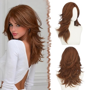 FESHFEN Wavy Layered Wig with Curtain Bangs for Women, 20 Inch Dirty Blonde Long Synthetic Natural Looking Middle Part Hair Wig For Costume Party Daily Use(Auburn)